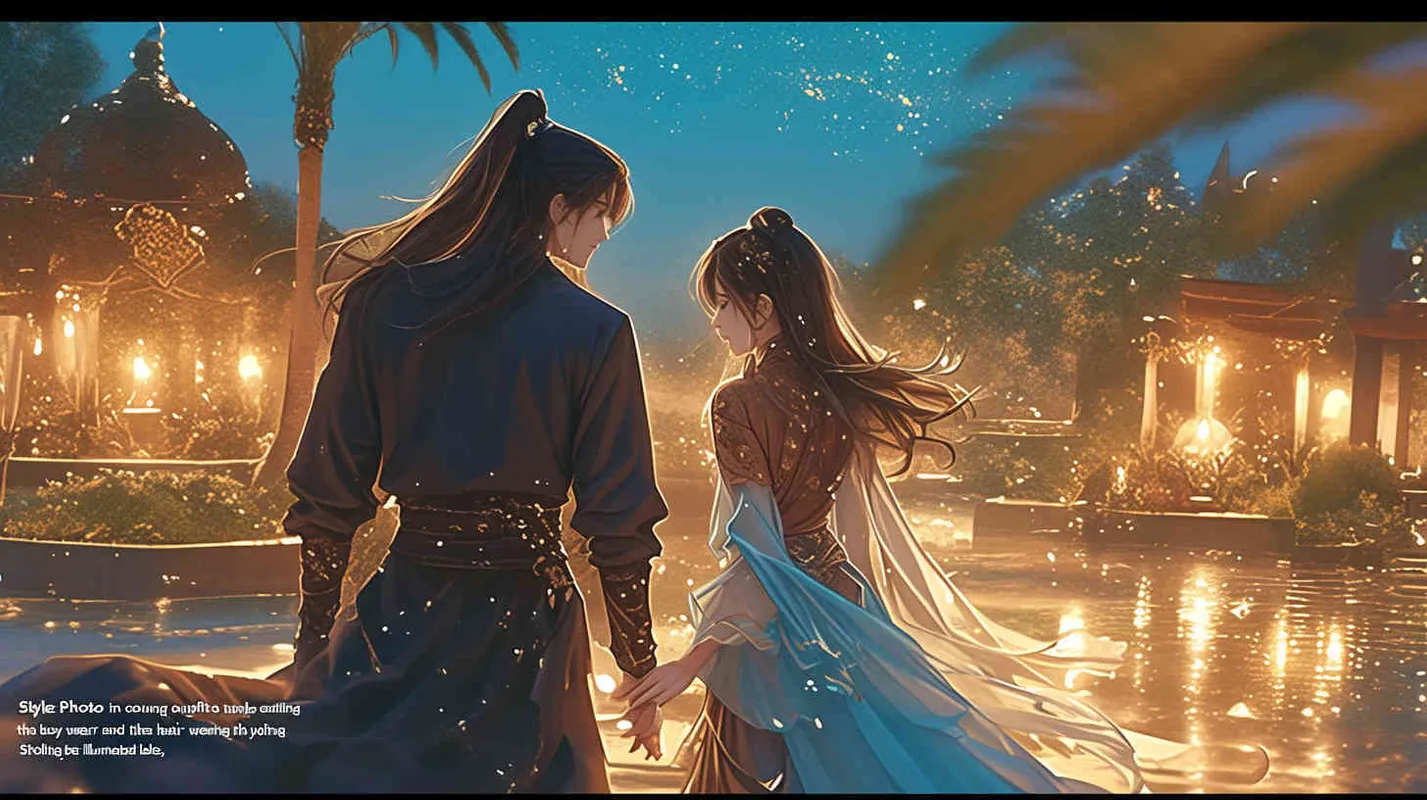 On a dark and windy night, a boy wearing blue clothes with long black hair and a girl wearing red clothes with yellow curly hair, holding hands, took a walk by the bright lake. - style1部分