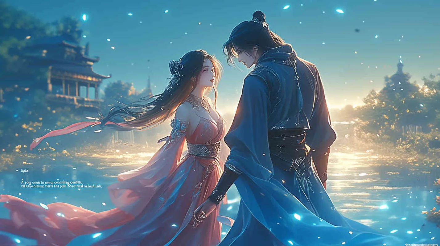 On a dark and windy night, a boy wearing blue clothes with long black hair and a girl wearing red clothes with yellow curly hair, holding hands, took a walk by the bright lake. - style2部分