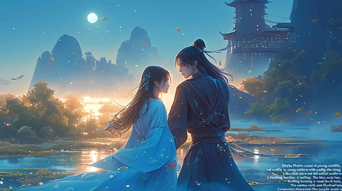 On a dark and windy night, a boy wearing blue clothes with long black hair and a girl wearing red clothes with yellow curly hair, holding hands, took a walk by the bright lake. - style3部分