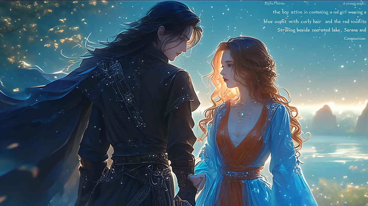 On a dark and windy night, a boy wearing blue clothes with long black hair and a girl wearing red clothes with yellow curly hair, holding hands, took a walk by the bright lake. - style4部分