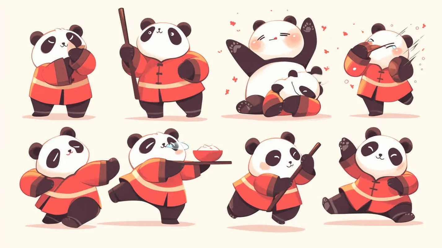 little panda, practicing Tai Chi in a Daoist robe, full-body illustration in a cute and Pixar-style pixelated design, showcasing9 different poses and expressions including dizziness, happiness, anger, crying, sadness,
cuteness, anticipation, laughter, disappointment, shyness, fatigue, eating, expressing love, etc., with close-up shots of the face and expressions, exaggerated movements, arranged in a neat grid layout, against a white background, in a cartoon and line art style, featuring sticker art design with intricate details, in ultra-high definition 8k resolution. –ar 3:4 –niji 6 – AI绘画作品展示 | Midjourney中文版生成