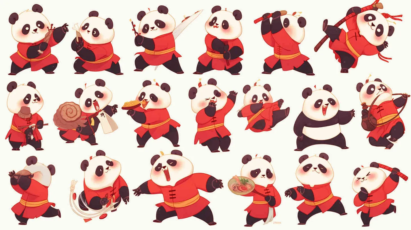 little panda, practicing Tai Chi in a Daoist robe, full-body illustration in a cute and Pixar-style pixelated design, showcasing9 different poses and expressions including dizziness, happiness, anger, crying, sadness,
cuteness, anticipation, laughter, disappointment, shyness, fatigue, eating, expressing love, etc., with close-up shots of the face and expressions, exaggerated movements, arranged in a neat grid layout, against a white background, in a cartoon and line art style, featuring sticker art design with intricate details, in ultra-high definition 8k resolution. --ar 3:4 --niji 6 - style2部分