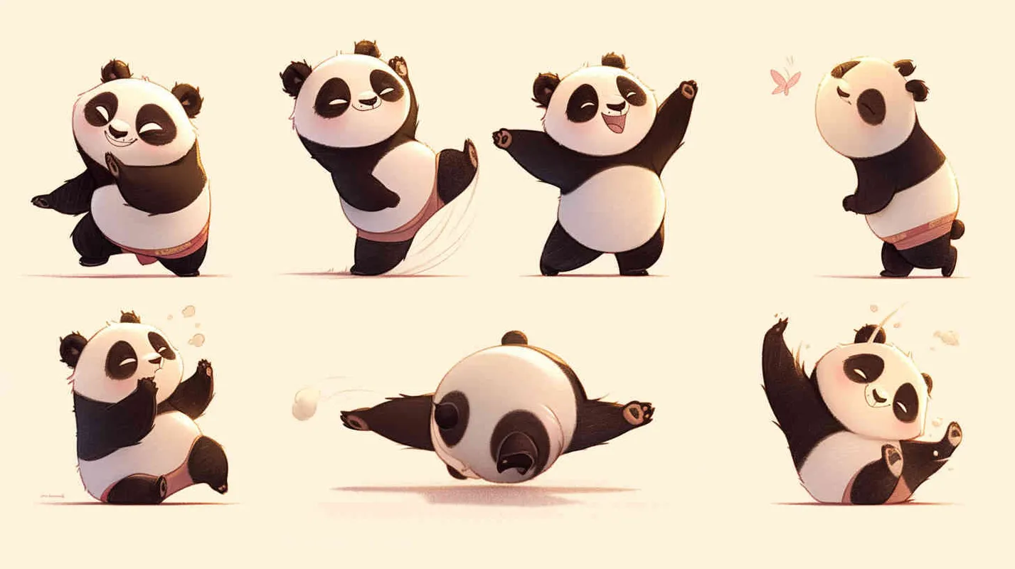 little panda, practicing Tai Chi in a Daoist robe, full-body illustration in a cute and Pixar-style pixelated design, showcasing9 different poses and expressions including dizziness, happiness, anger, crying, sadness,
cuteness, anticipation, laughter, disappointment, shyness, fatigue, eating, expressing love, etc., with close-up shots of the face and expressions, exaggerated movements, arranged in a neat grid layout, against a white background, in a cartoon and line art style, featuring sticker art design with intricate details, in ultra-high definition 8k resolution. --ar 3:4 --niji 6 - style4部分