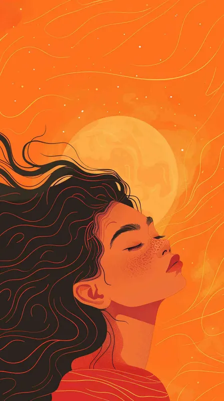 Virgo avatar, female, illustration style, warm, comfortable, lazy, gentle artistic style, fluffy hair, lazy movements, modern style, female, warm orange background - style1部分