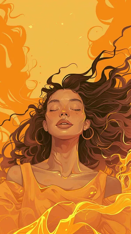 Virgo avatar, female, illustration style, warm, comfortable, lazy, gentle artistic style, fluffy hair, lazy movements, modern style, female, warm orange background - style2部分
