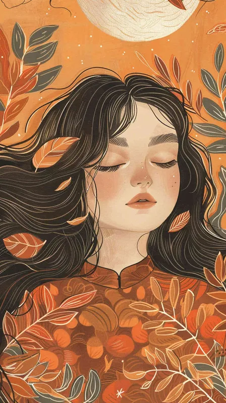 Virgo avatar, female, illustration style, warm, comfortable, lazy, gentle artistic style, fluffy hair, lazy movements, modern style, female, warm orange background - style4部分