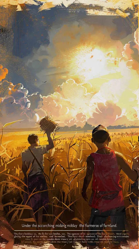 English: At the eye-piercing midday, the sun is as hot as fire, shining directly on a vast expanse of farmland. The farmers strip off their upper bodies, their skin exposed in the sun; sweat slides down their tired but firm faces. - style2部分