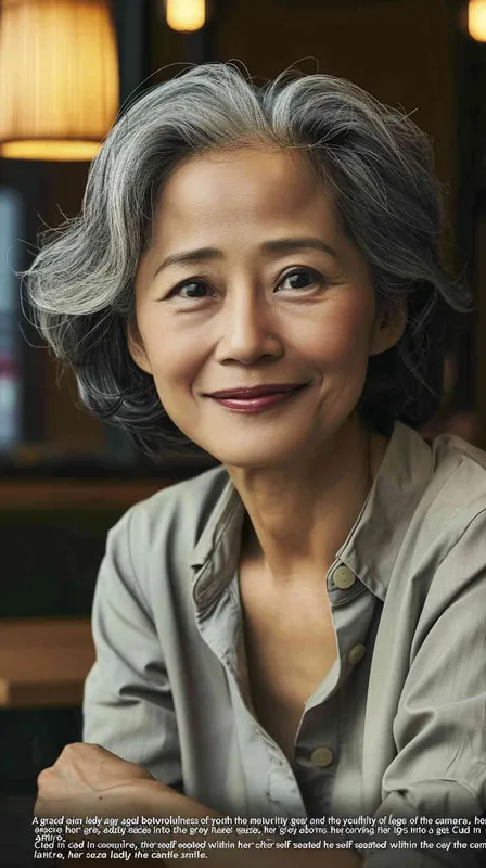 A middle-aged Asian woman with gray hair, smiling and looking at the camera, wearing casual , is sitting in an office or restaurant. The background features natural light and bright colors, creating a warm atmosphere. She has exquisite facial details, full of vitality. The photography uses soft lighting, a medium shot composition, and captures her natural expression. The image has realistic skin texture and a cinematic effect with the best quality. - style1部分