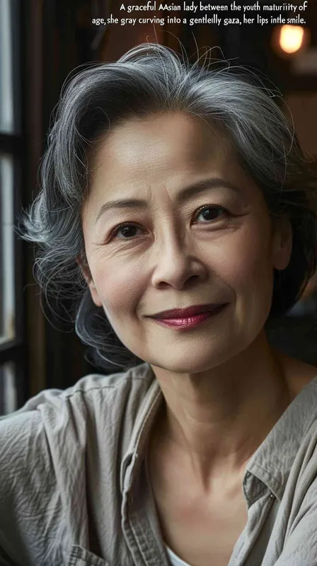 A middle-aged Asian woman with gray hair, smiling and looking at the camera, wearing casual , is sitting in an office or restaurant. The background features natural light and bright colors, creating a warm atmosphere. She has exquisite facial details, full of vitality. The photography uses soft lighting, a medium shot composition, and captures her natural expression. The image has realistic skin texture and a cinematic effect with the best quality. - style2部分