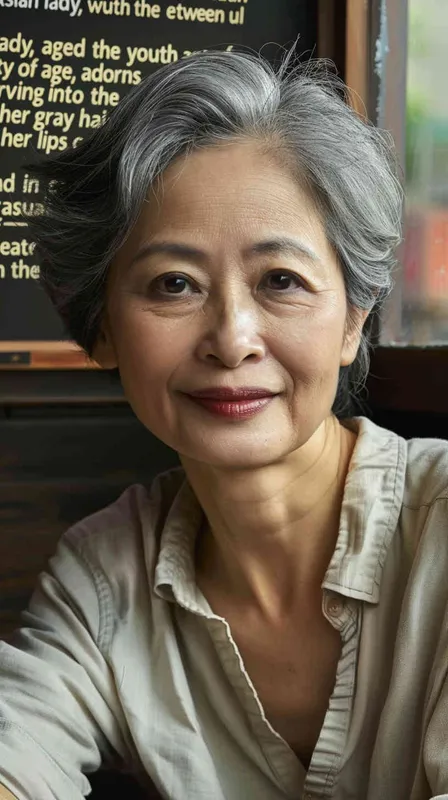 A middle-aged Asian woman with gray hair, smiling and looking at the camera, wearing casual , is sitting in an office or restaurant. The background features natural light and bright colors, creating a warm atmosphere. She has exquisite facial details, full of vitality. The photography uses soft lighting, a medium shot composition, and captures her natural expression. The image has realistic skin texture and a cinematic effect with the best quality. - style4部分