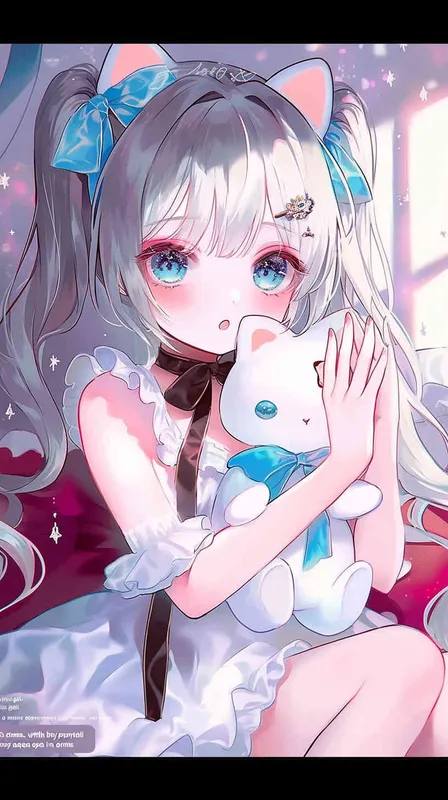 cute girl style,A Girl in cute dress, with a wavy ponytail, looks at the camera, with bright aqua eyes and cat doll in her arms - style1部分
