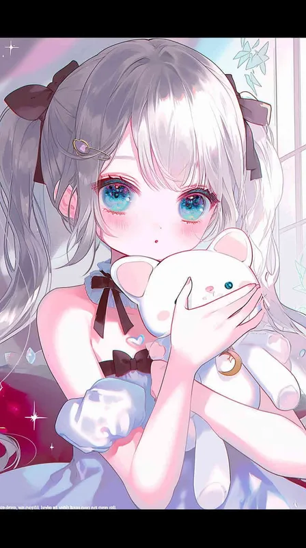 cute girl style,A Girl in cute dress, with a wavy ponytail, looks at the camera, with bright aqua eyes and cat doll in her arms - style2部分