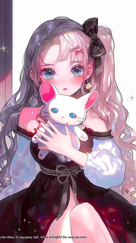 cute girl style,A Girl in cute dress, with a wavy ponytail, looks at the camera, with bright aqua eyes and cat doll in her arms - style3部分