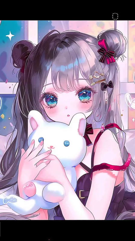 cute girl style,A Girl in cute dress, with a wavy ponytail, looks at the camera, with bright aqua eyes and cat doll in her arms - style4部分