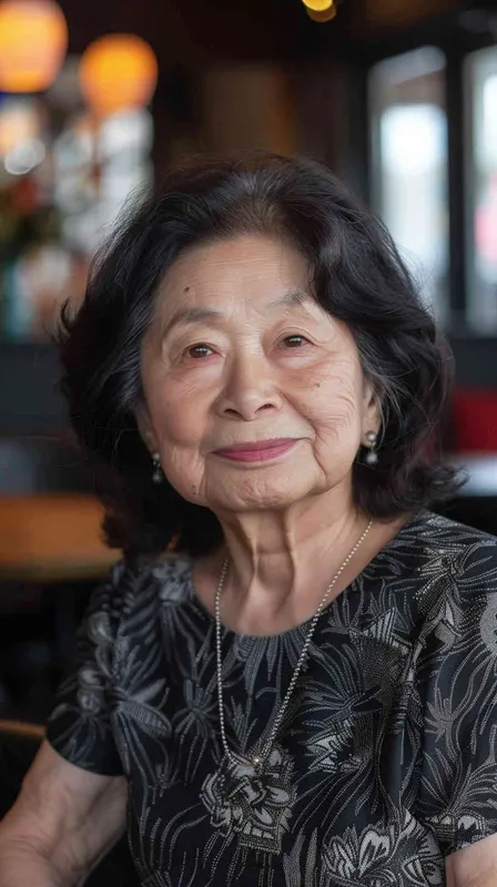 A middle-aged Asian woman with black hair, smiling and looking at the camera, wearing casual , is sitting in an office or restaurant. The background features natural light and bright colors, creating a warm atmosphere. She has exquisite facial details, full of vitality. The photography uses soft lighting, a medium shot composition, and captures her natural expression. The image has realistic skin texture and a cinematic effect with the best quality.  - style1部分