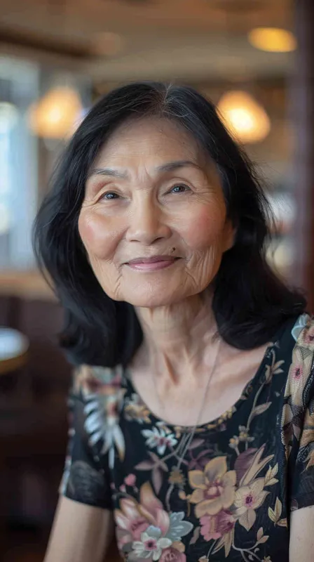 A middle-aged Asian woman with black hair, smiling and looking at the camera, wearing casual , is sitting in an office or restaurant. The background features natural light and bright colors, creating a warm atmosphere. She has exquisite facial details, full of vitality. The photography uses soft lighting, a medium shot composition, and captures her natural expression. The image has realistic skin texture and a cinematic effect with the best quality.  - style4部分