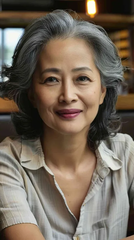 A middle-aged Asian woman with gray hair, smiling and looking at the camera, wearing casual , is sitting in an office or restaurant. The background features natural light and bright colors, creating a warm atmosphere. She has exquisite facial details, full of vitality. The photography uses soft lighting, a medium shot composition, and captures her natural expression. The image has realistic skin texture and a cinematic effect with the best quality.  - style1部分