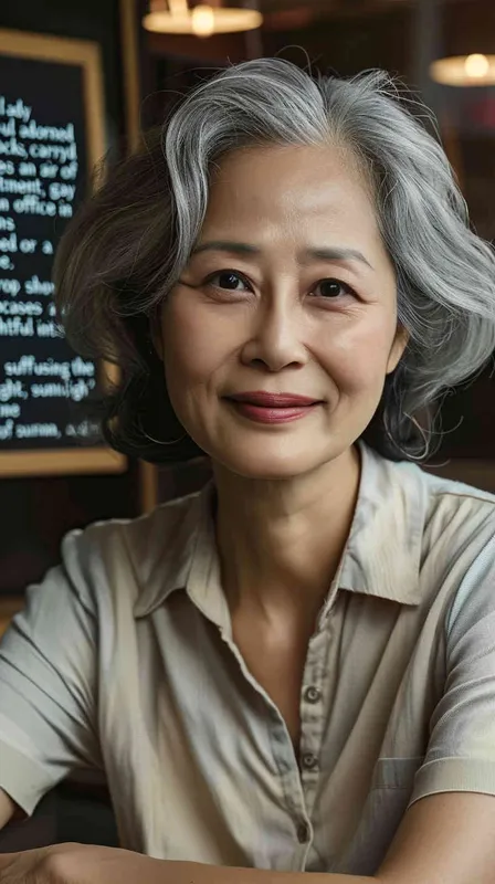 A middle-aged Asian woman with gray hair, smiling and looking at the camera, wearing casual , is sitting in an office or restaurant. The background features natural light and bright colors, creating a warm atmosphere. She has exquisite facial details, full of vitality. The photography uses soft lighting, a medium shot composition, and captures her natural expression. The image has realistic skin texture and a cinematic effect with the best quality.  - style2部分