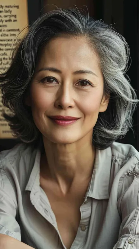 A middle-aged Asian woman with gray hair, smiling and looking at the camera, wearing casual , is sitting in an office or restaurant. The background features natural light and bright colors, creating a warm atmosphere. She has exquisite facial details, full of vitality. The photography uses soft lighting, a medium shot composition, and captures her natural expression. The image has realistic skin texture and a cinematic effect with the best quality.  - style3部分