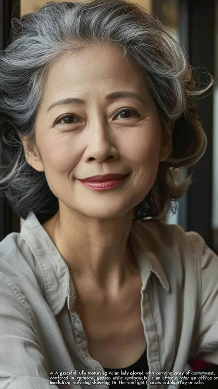 A middle-aged Asian woman with gray hair, smiling and looking at the camera, wearing casual , is sitting in an office or restaurant. The background features natural light and bright colors, creating a warm atmosphere. She has exquisite facial details, full of vitality. The photography uses soft lighting, a medium shot composition, and captures her natural expression. The image has realistic skin texture and a cinematic effect with the best quality.  - style4部分