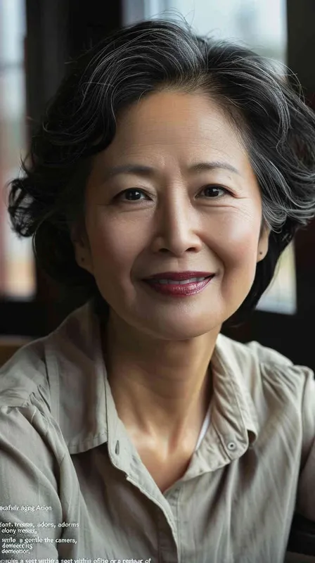 A middle-aged Asian woman with black hair, smiling and looking at the camera, wearing casual , is sitting in an office or restaurant. The background features natural light and bright colors, creating a warm atmosphere. She has exquisite facial details, full of vitality. The photography uses soft lighting, a medium shot composition, and captures her natural expression. The image has realistic skin texture and a cinematic effect with the best quality. - style1部分