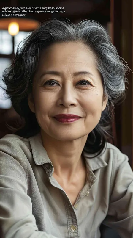 A middle-aged Asian woman with black hair, smiling and looking at the camera, wearing casual , is sitting in an office or restaurant. The background features natural light and bright colors, creating a warm atmosphere. She has exquisite facial details, full of vitality. The photography uses soft lighting, a medium shot composition, and captures her natural expression. The image has realistic skin texture and a cinematic effect with the best quality. - style3部分
