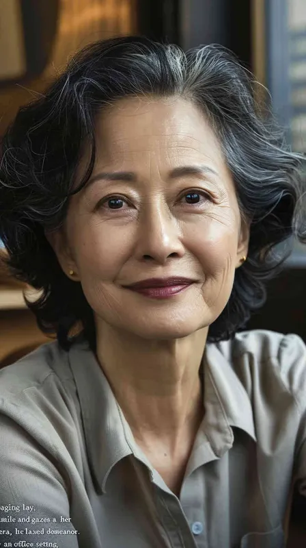 A middle-aged Asian woman with black hair, smiling and looking at the camera, wearing casual , is sitting in an office or restaurant. The background features natural light and bright colors, creating a warm atmosphere. She has exquisite facial details, full of vitality. The photography uses soft lighting, a medium shot composition, and captures her natural expression. The image has realistic skin texture and a cinematic effect with the best quality. - style4部分