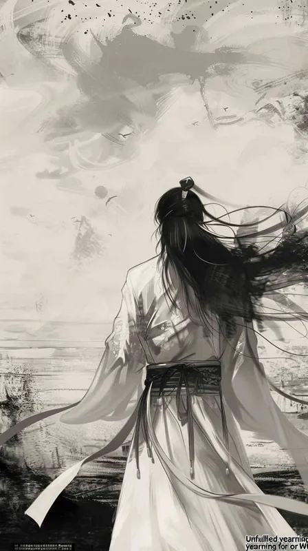 分镜四：遣恨失吞吴

诗词描述：“遣恨失吞吴”，展现了诸葛亮对未能实现统一大业的遗憾和悲哀。

人物描述：诸葛亮身着白衣，背对着观众，他的身姿显得有些落寞和疲惫。头发被风轻轻吹起，仿佛在诉说着无尽的遗憾和思念。

构图描述：画面以诸葛亮的背影为中心，他站在高处向远方眺望。远方是模糊的吴国轮廓，表现了他对未能吞并吴国的深深遗憾。

场景描述：天色已晚，晚霞映照了整个天际，但远处的阴影中透露出一种未完成的事业和心中的重重忧愁。整个场景既有美丽的自然风光，也有着强烈的情感表达。 - style1部分
