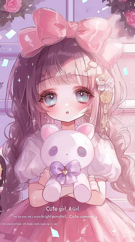  cute girl style,A Girl in cute dress, with a wavy ponytail, looks at the camera, with bright aqua eyes and cute cat doll in her arms - style1部分