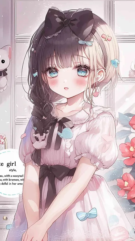  cute girl style,A Girl in cute dress, with a wavy ponytail, looks at the camera, with bright aqua eyes and cute cat doll in her arms - style2部分