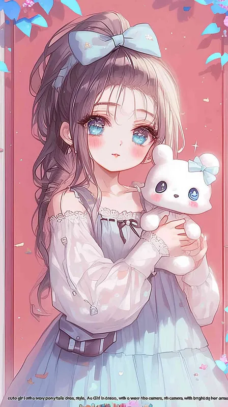  cute girl style,A Girl in cute dress, with a wavy ponytail, looks at the camera, with bright aqua eyes and cute cat doll in her arms - style3部分