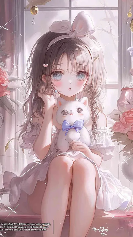  cute girl style,A Girl in cute dress, with a wavy ponytail, looks at the camera, with bright aqua eyes and cute cat doll in her arms - style4部分