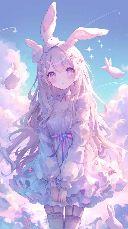 1️⃣ Cute anime girl with long hair and bunny ears, wearing a cute white dress in the style of flowerpunk art, surrounded by clouds and animals. The image has light purple tones and a soft, dreamy atmosphere with a pink color scheme. The fantasy-inspired art style features delicate facial features with soft lighting characteristic of anime character design. The image is high resolution with high detail and perfect details for a high quality piece.  - style1部分