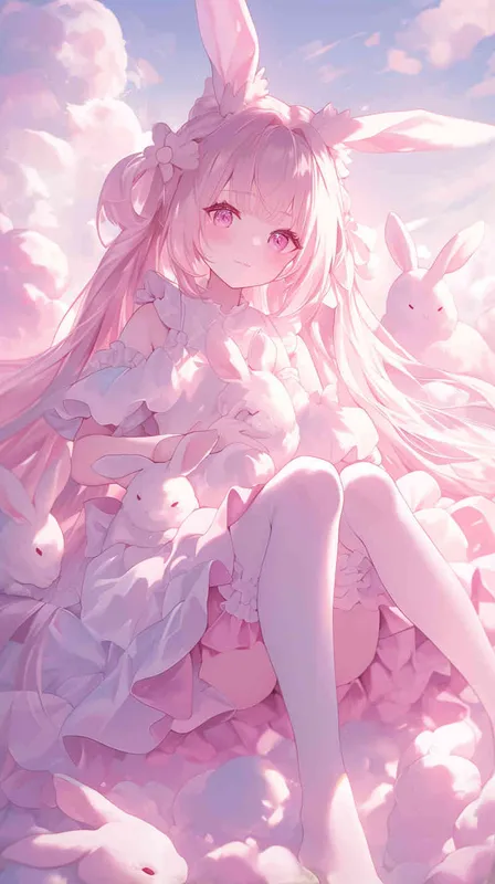 1️⃣ Cute anime girl with long hair and bunny ears, wearing a cute white dress in the style of flowerpunk art, surrounded by clouds and animals. The image has light purple tones and a soft, dreamy atmosphere with a pink color scheme. The fantasy-inspired art style features delicate facial features with soft lighting characteristic of anime character design. The image is high resolution with high detail and perfect details for a high quality piece.  - style2部分