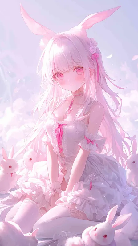 1️⃣ Cute anime girl with long hair and bunny ears, wearing a cute white dress in the style of flowerpunk art, surrounded by clouds and animals. The image has light purple tones and a soft, dreamy atmosphere with a pink color scheme. The fantasy-inspired art style features delicate facial features with soft lighting characteristic of anime character design. The image is high resolution with high detail and perfect details for a high quality piece.  - style3部分