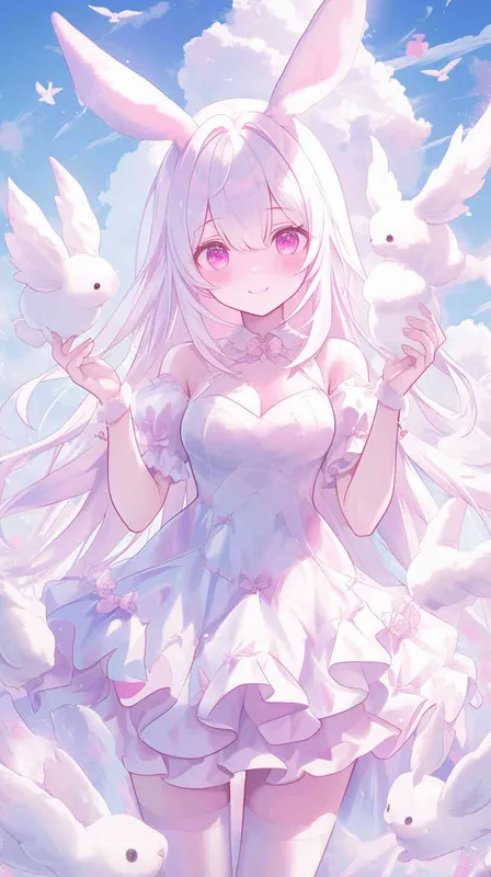 1️⃣ Cute anime girl with long hair and bunny ears, wearing a cute white dress in the style of flowerpunk art, surrounded by clouds and animals. The image has light purple tones and a soft, dreamy atmosphere with a pink color scheme. The fantasy-inspired art style features delicate facial features with soft lighting characteristic of anime character design. The image is high resolution with high detail and perfect details for a high quality piece.  - style4部分