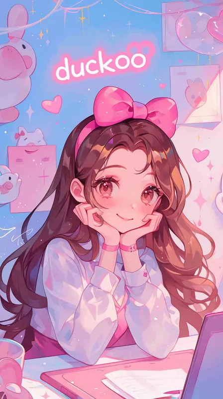 1️⃣ A cute Kawaii girl with long hair and pink bow on head, sitting at her desk in the office, written text 