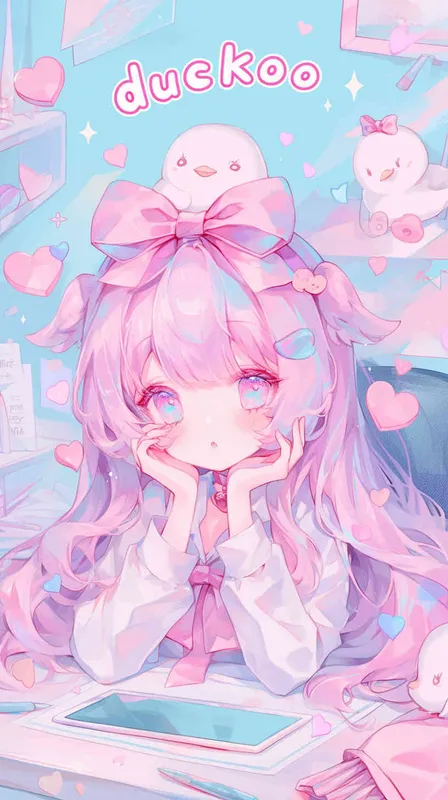 1️⃣ A cute Kawaii girl with long hair and pink bow on head, sitting at her desk in the office, written text 