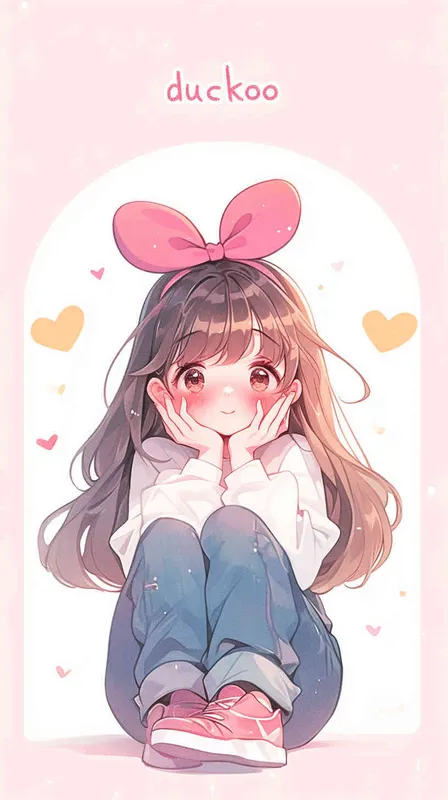 1️⃣ A cute Kawaii girl with long hair and pink bow on head, sitting at her desk in the office, written text 
