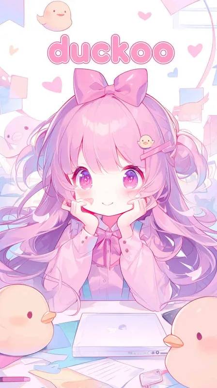 1️⃣ A cute Kawaii girl with long hair and pink bow on head, sitting at her desk in the office, written text 