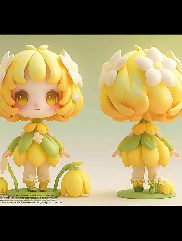 Blind box toy, chibi style, full body shot of cute girl wearing a daffodil dress made from flower petals and leaves with big eyes and yellow hair, in a chonky art style, three views, front view, side view, back view, standing pose, white background, solid color background, no outline shadow effect, high resolution, 3D rendering, clay material, delicate gloss, best quality  - style1部分