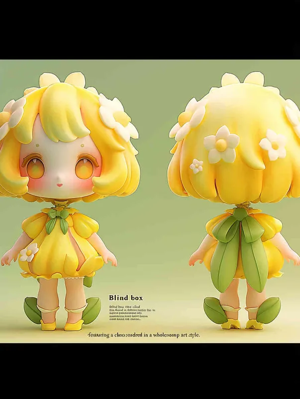 Blind box toy, chibi style, full body shot of cute girl wearing a daffodil dress made from flower petals and leaves with big eyes and yellow hair, in a chonky art style, three views, front view, side view, back view, standing pose, white background, solid color background, no outline shadow effect, high resolution, 3D rendering, clay material, delicate gloss, best quality  - style2部分