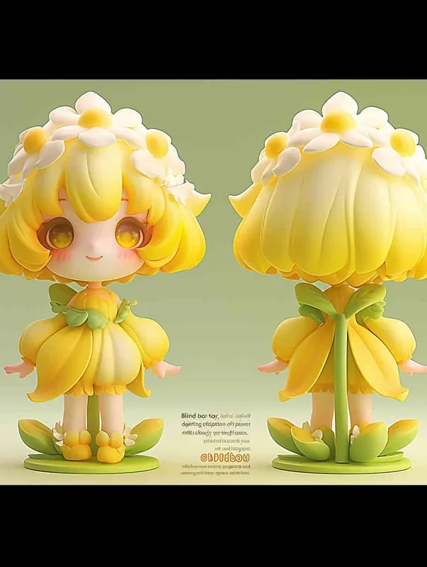 Blind box toy, chibi style, full body shot of cute girl wearing a daffodil dress made from flower petals and leaves with big eyes and yellow hair, in a chonky art style, three views, front view, side view, back view, standing pose, white background, solid color background, no outline shadow effect, high resolution, 3D rendering, clay material, delicate gloss, best quality  - style4部分