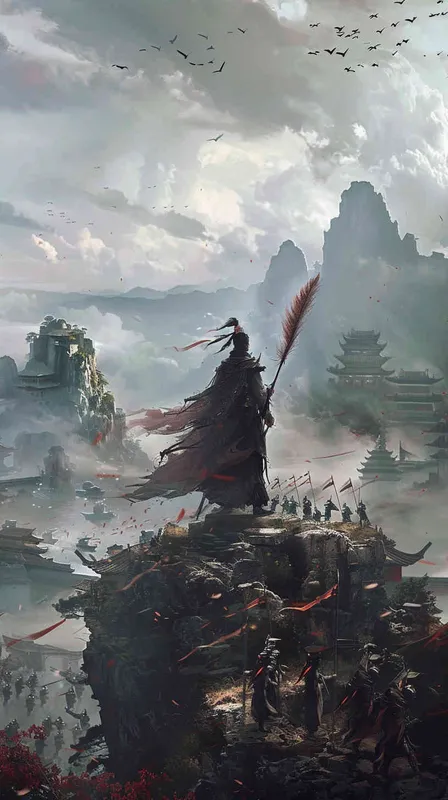 想象一幅古风浓郁的画面：春秋战国时代，天空阴云密布，远处的山峦若隐若现。在这壮丽的场景中，诸葛亮站在一座高高的战略台上，手持羽扇，目光远眺，仿佛在审视着三分天下的版图。他的身影显得冷静而坚定，体现出一位智者的沉着与远见。
四周是他的军队，旗帜飘扬，战士们气势如虹，展现出强大的军事力量。诸葛亮的智谋和策略，不仅巩固了蜀国的安稳，还在三国鼎立的局面中发挥了关键作用。整个画面充满了战争和谋略的氛围，同时也透露出一种历史的厚重感和英雄的悲壮美 - style2部分