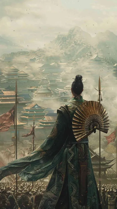 想象一幅古风浓郁的画面：春秋战国时代，天空阴云密布，远处的山峦若隐若现。在这壮丽的场景中，诸葛亮站在一座高高的战略台上，手持羽扇，目光远眺，仿佛在审视着三分天下的版图。他的身影显得冷静而坚定，体现出一位智者的沉着与远见。
四周是他的军队，旗帜飘扬，战士们气势如虹，展现出强大的军事力量。诸葛亮的智谋和策略，不仅巩固了蜀国的安稳，还在三国鼎立的局面中发挥了关键作用。整个画面充满了战争和谋略的氛围，同时也透露出一种历史的厚重感和英雄的悲壮美 - style3部分
