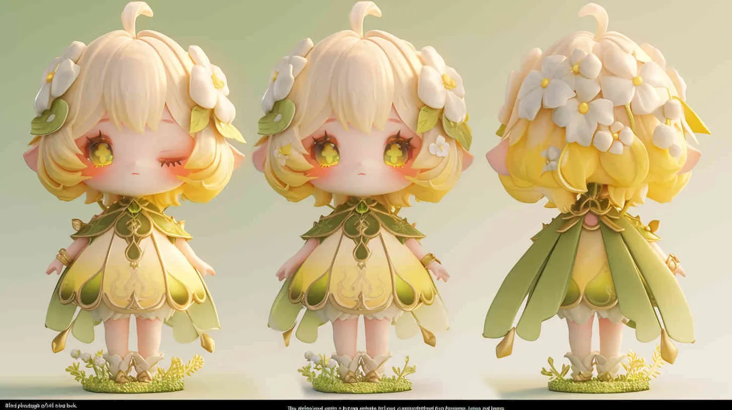 Blind box toy, chibi, full body photo of cute girl, standing posture, three views, front view, side view, back view, girl wearing a jasmine flower dress made of jasmine petals and leaves, big eyes and light yellow hair, heavy artistic style, white background, solid color background, no contour shadow effect, high-resolution, 3D rendering, clay material, delicate luster, best quality - style1部分