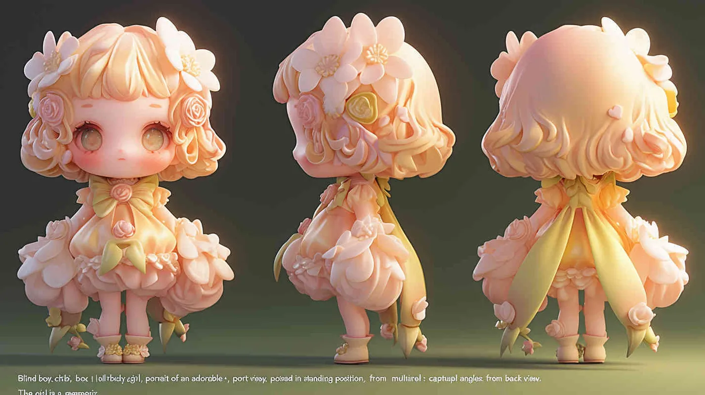 
Blind box toy, chibi, full body photo of cute girl, standing posture, three views, front view, side view, back view, girl wearing a rose dress made of rose petals and leaves, big eyes and light red hair, heavy artistic style, white background, solid color background, no contour shadow effect, high-resolution, 3D rendering, clay material, delicate luster, best quality - style1部分
