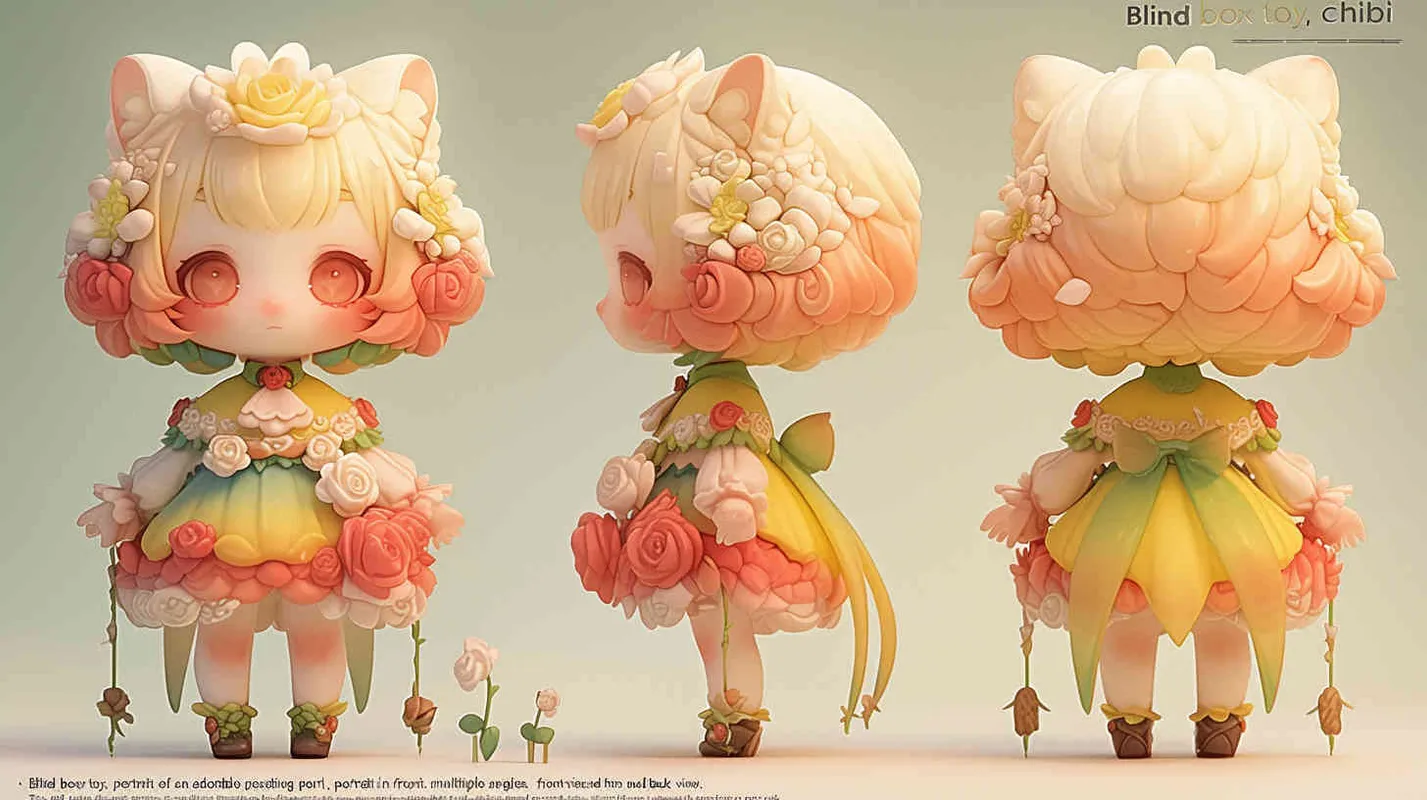 
Blind box toy, chibi, full body photo of cute girl, standing posture, three views, front view, side view, back view, girl wearing a rose dress made of rose petals and leaves, big eyes and light red hair, heavy artistic style, white background, solid color background, no contour shadow effect, high-resolution, 3D rendering, clay material, delicate luster, best quality - style2部分