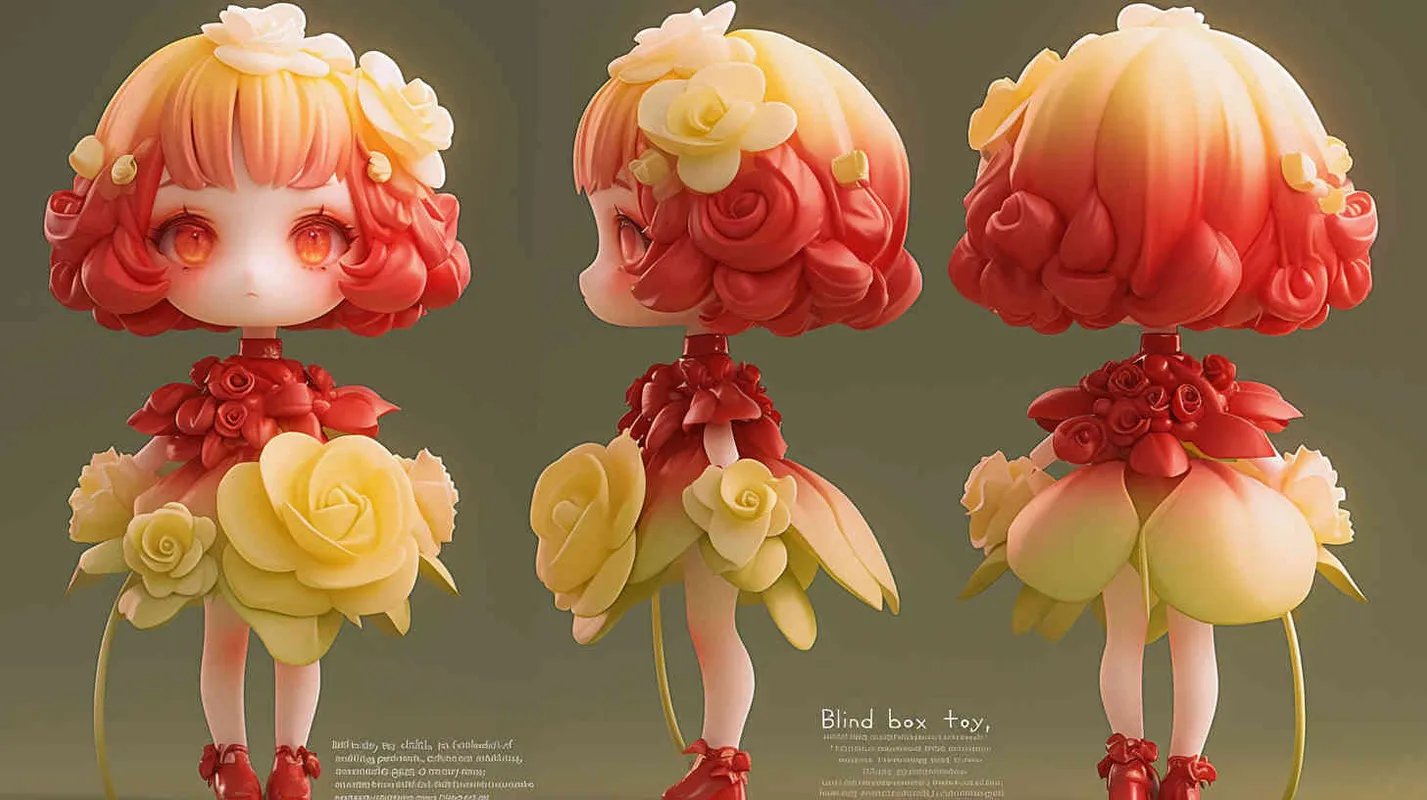 
Blind box toy, chibi, full body photo of cute girl, standing posture, three views, front view, side view, back view, girl wearing a rose dress made of rose petals and leaves, big eyes and light red hair, heavy artistic style, white background, solid color background, no contour shadow effect, high-resolution, 3D rendering, clay material, delicate luster, best quality - style3部分