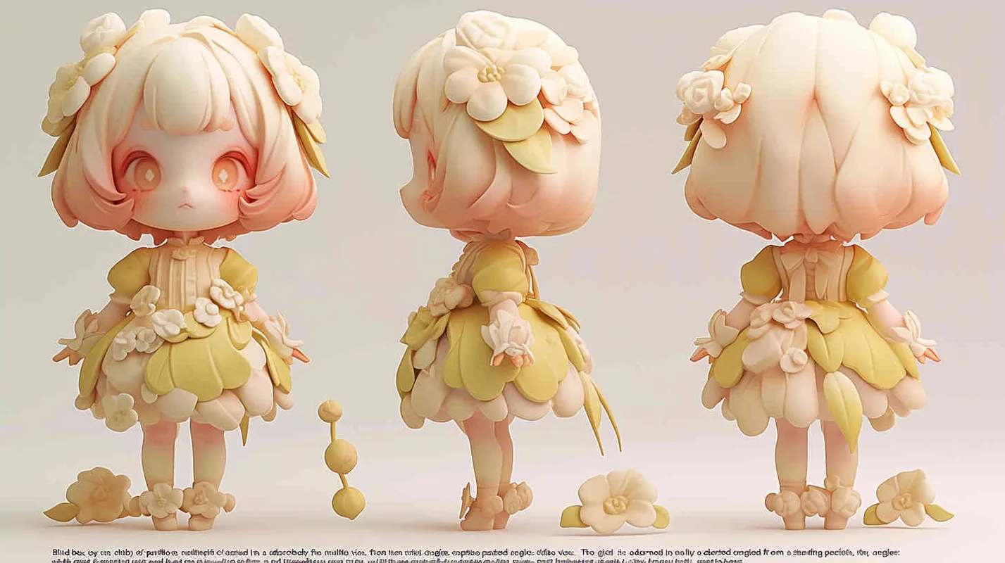 
Blind box toy, chibi, full body photo of cute girl, standing posture, three views, front view, side view, back view, girl wearing a rose dress made of rose petals and leaves, big eyes and light red hair, heavy artistic style, white background, solid color background, no contour shadow effect, high-resolution, 3D rendering, clay material, delicate luster, best quality - style4部分
